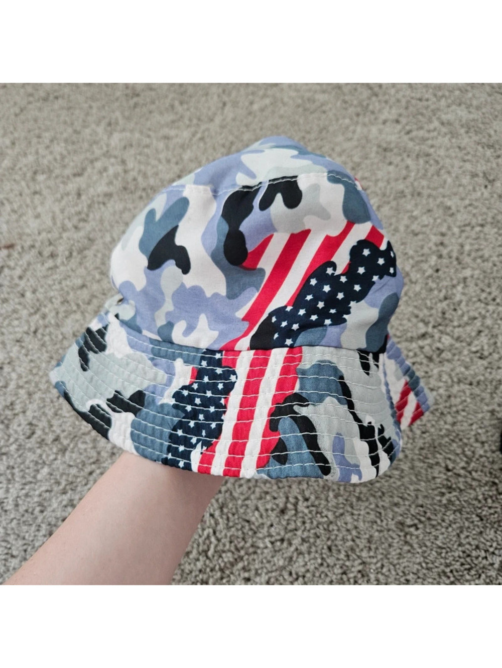 Patriotic American Flag Camo Bucket Hat Gray Red White Blue Adjustable